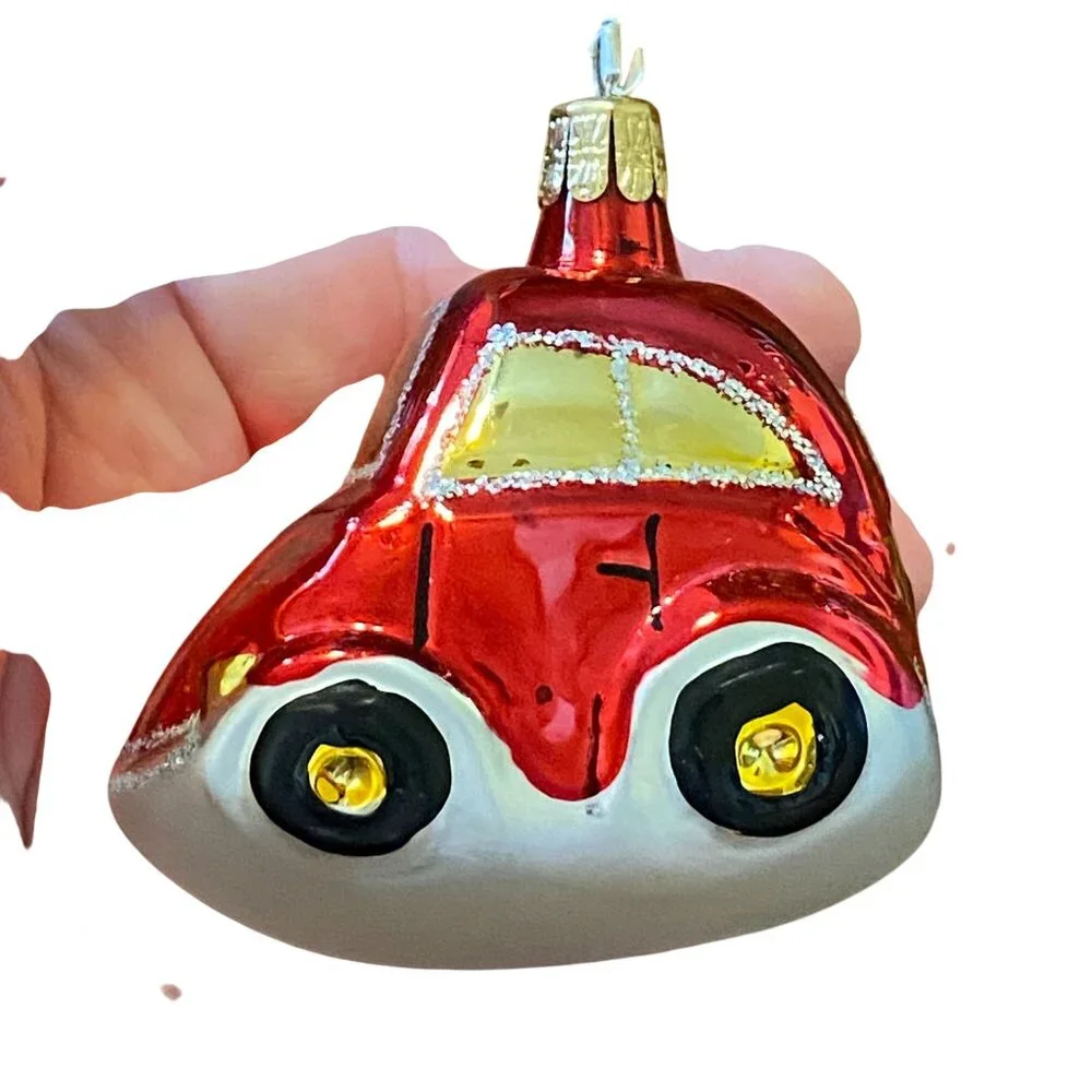 Blown Glass Red car Christmas‎ tree ornament taxi compact glitter